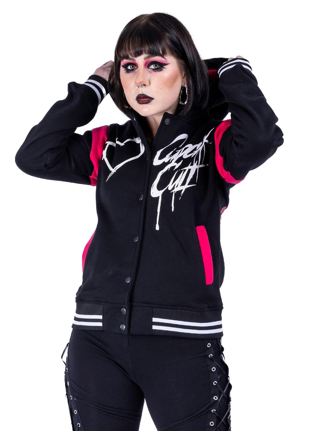 Sad But Cute Varsity Frauen Kapuzenjacke schwarz/weiss/pink Gothic, Nu Goth M Schwarz/Weiss/Pink, M