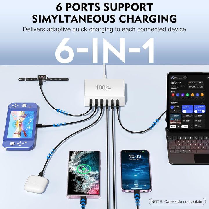 USB C Ladegerät, 100W 6-Port USB Ladegerät Mehrfach, Schnellladegerät PD 3.0, USB-C Ladestation für