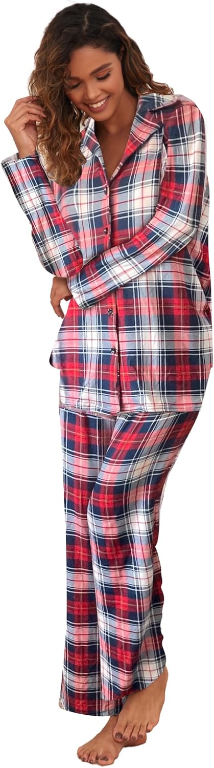Famulily Frauen Langarm Pyjama Set Plaid Loungewear Sets Button Up Top und Wide Leg Hosen S-XXL M Ro