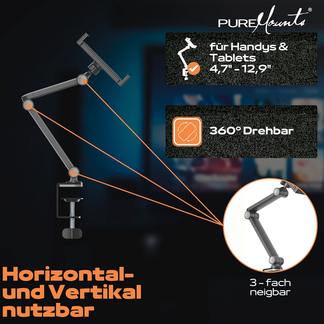 PureMounts® Tablet Tisch-Halterung, 4.7" bis 12.9" Tablets, 360° drehbar, bis zu 1kg Tragkraft, Sili