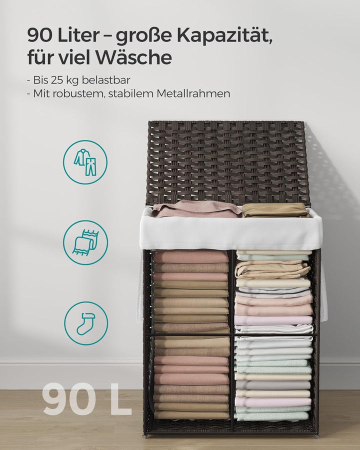 SONGMICS Wäschekorb handgeflochten, 90 L, Wäschesammler aus synthetischem Rattan, mit Deckel und Gri