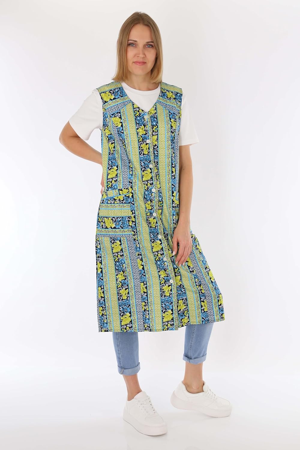 Knopfkittel Baumwolle bunt Kochschürze Hauskleid Kittel Schürze ohne Arm 46 Grün, 46 Grün