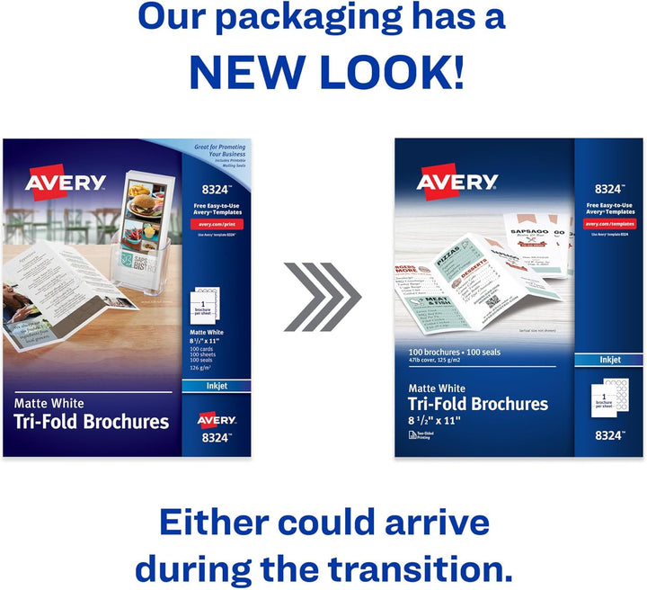 AVERY 3-fach bedruckbares Prospektpapier, Tintenstrahldrucker, 100 Broschüren und Versandsiegel, 8,5