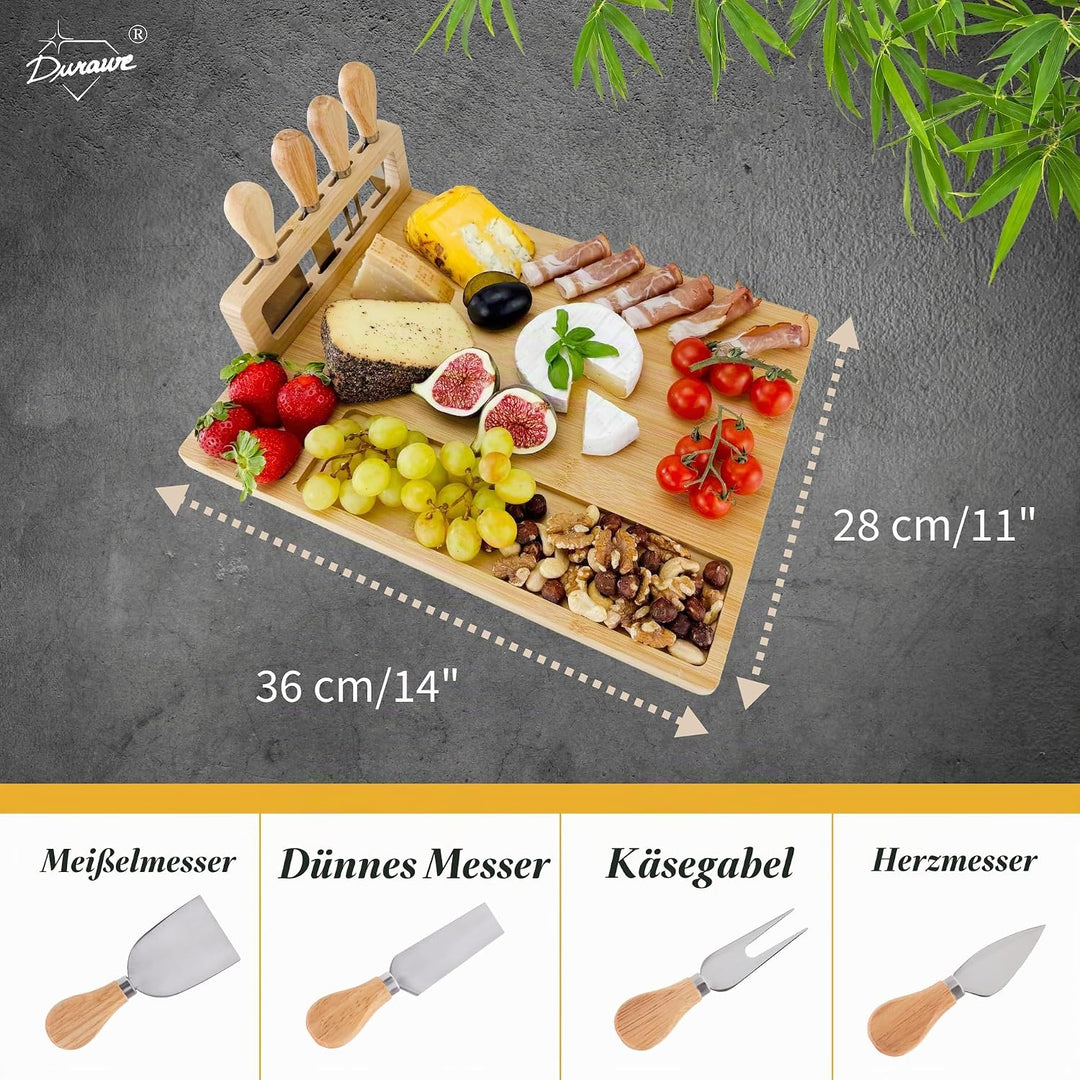 Bambus Käsebrett mit 4 Messern und Abnehmbarem Halter – Servierplatte mit Snack-Fächern, Charcuterie