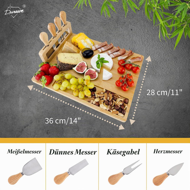 Bambus Käsebrett mit 4 Messern und Abnehmbarem Halter – Servierplatte mit Snack-Fächern, Charcuterie