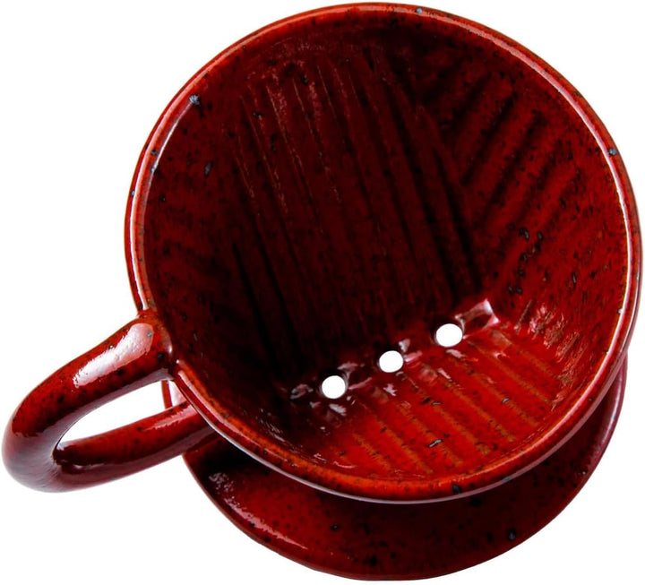 Asayu Japan Keramik Kaffeeaufguss-Set in Chrom Rot mit Papierfilterhalterung und Dripper mit 3 Löche