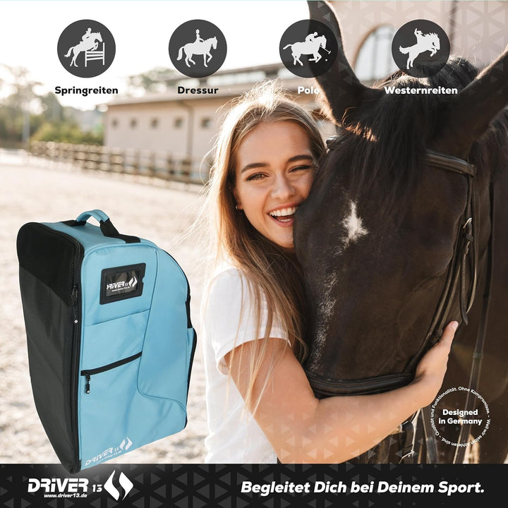 Driver13 Reitstiefelrucksack Deluxe mit Helmfach, Reitstiefeltasche und Stiefeletten Tasche, für Rei