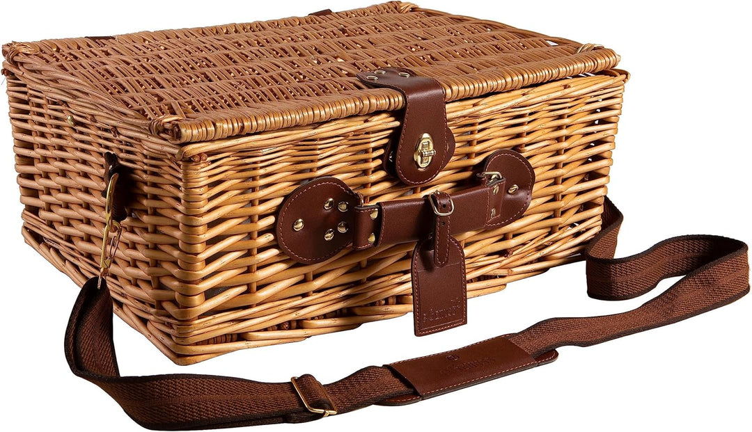 eGenuss 2er-Set handgefertigter Picknickkorb für 4 Personen mit abnehmbarem Schultergurt, Kühlfach,