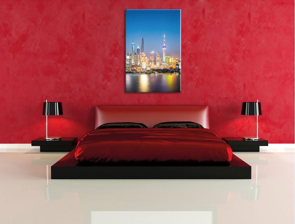 Shanghai Skyline, Format: 100x70 auf Leinwand, XXL riesige Bilder fertig gerahmt mit Keilrahmen, Kun