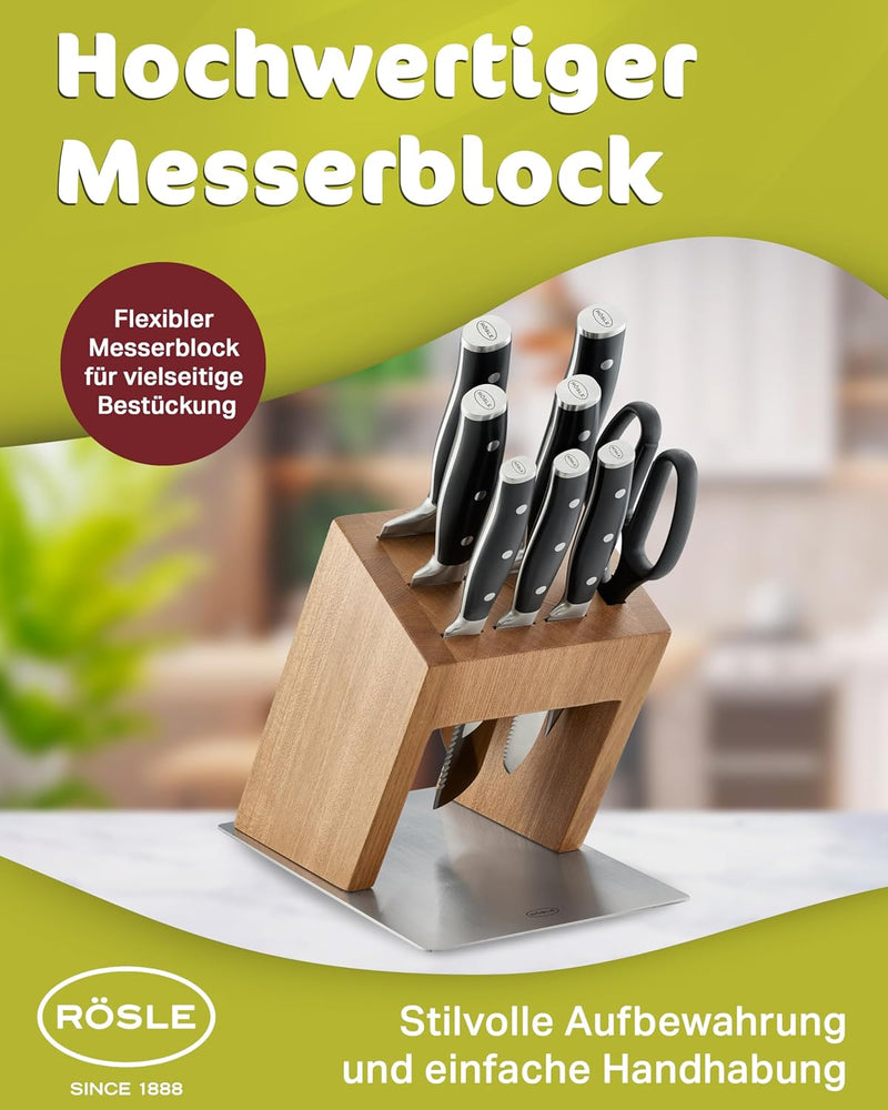 RÖSLE Messerblock KnifeX, Hochwertiger Design-Messerblock aus Edelstahl und Ulmenholz, sichtbare Kli