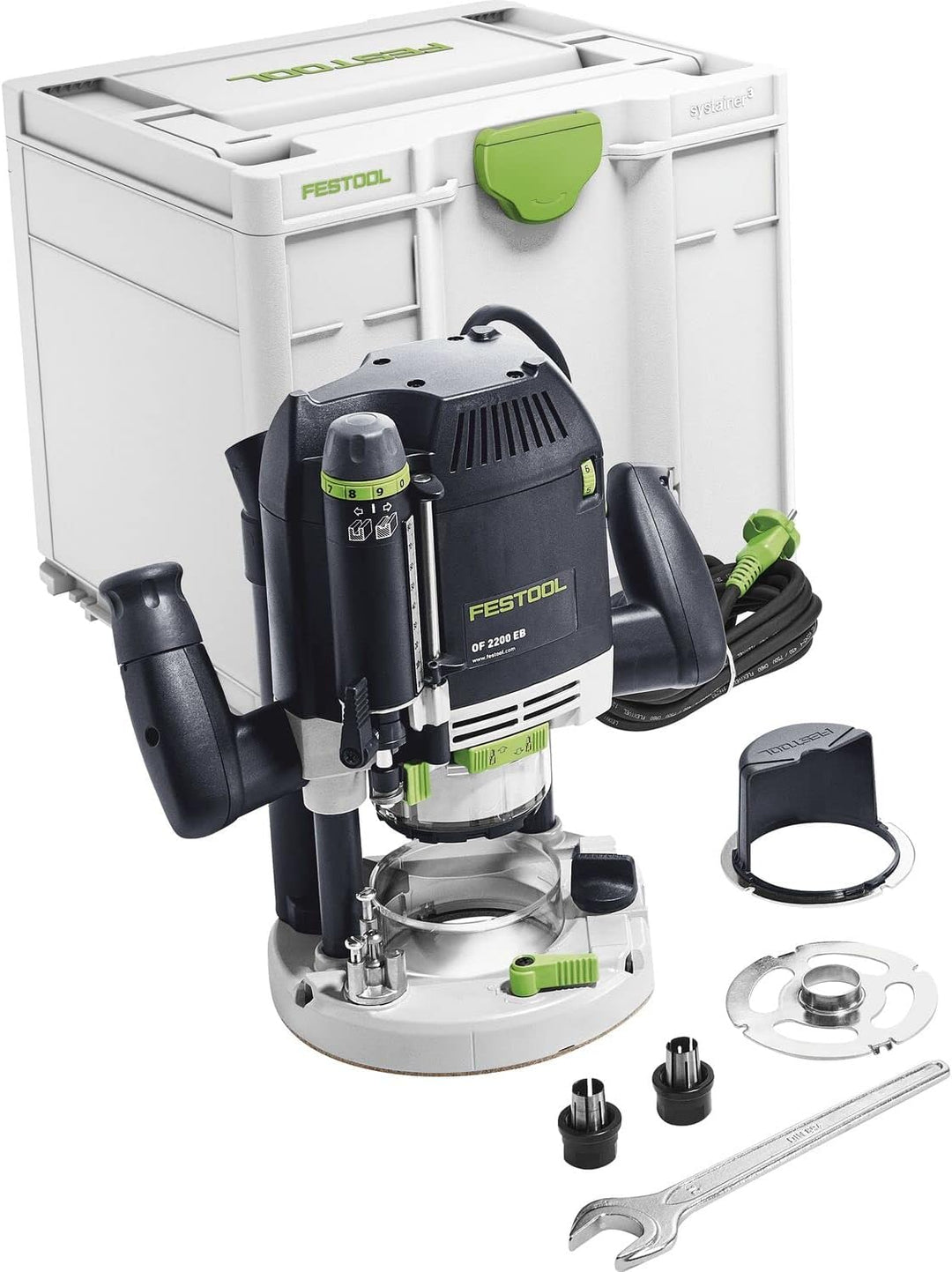 Festool Oberfräse OF 2200 EB-Plus (mit Spannzange, Spannzange, Kopierring, Spanfänger, Gabelschlüsse