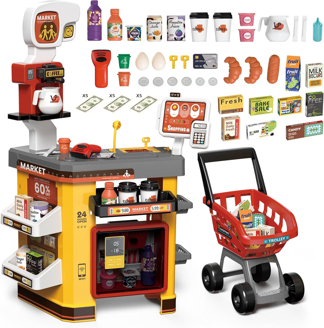 RedCrab Supermarkt Kinder mit Einkaufswagen, 55Pcs Spielsupermarkt Kaufladen Zubehör, Kaufmannsladen