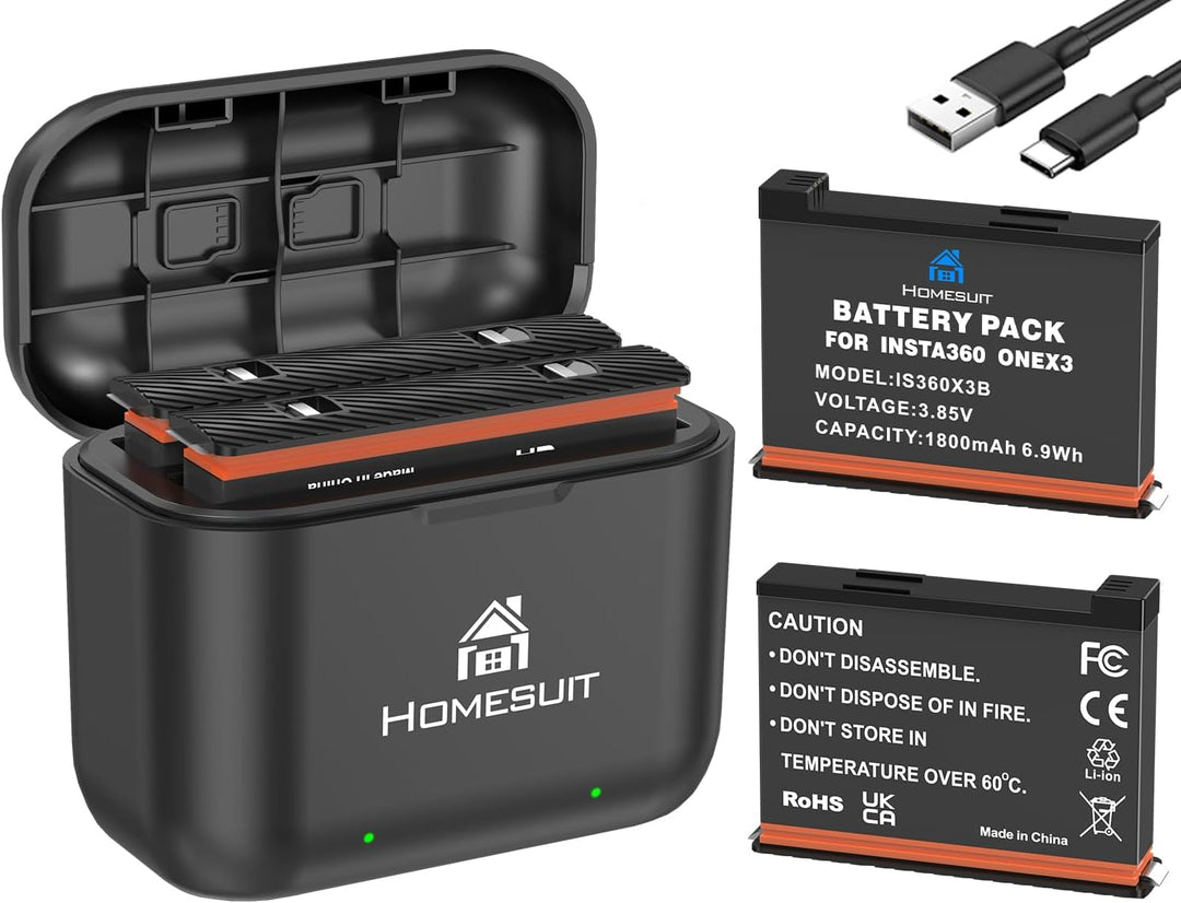 Homesuit Insta360 X3 Ersatz Akku 1800mAh und USB Ladegerät kompatibel mit Insta360 ONE X3 Kamera (2-