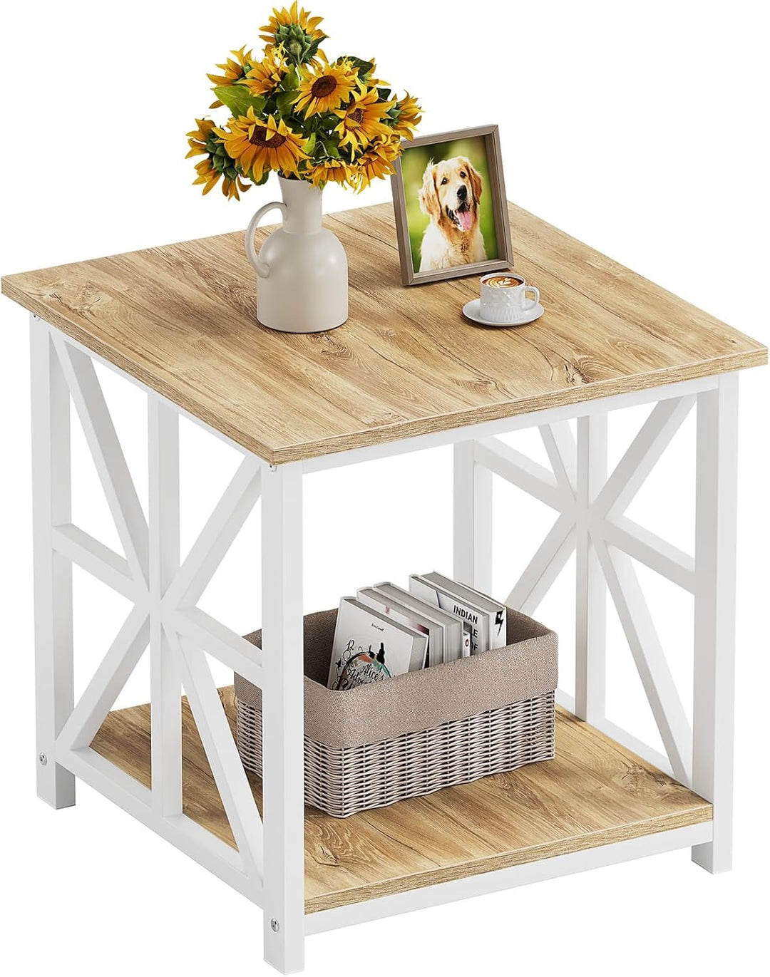GreenForest Beistelltisch mit 2-stufigem Ablagefach,50 cm quadratischer Wohnzimmertisch, praktischer
