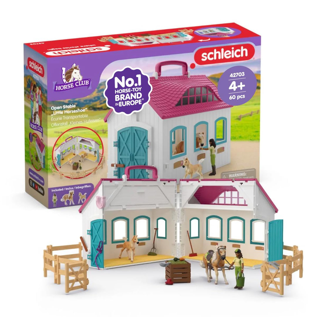 SCHLEICH Horse Club | Offenstall Kleines Hufeisen 42703 | Set inkl. Stall, 2 Pferde, bewegliche Mädc