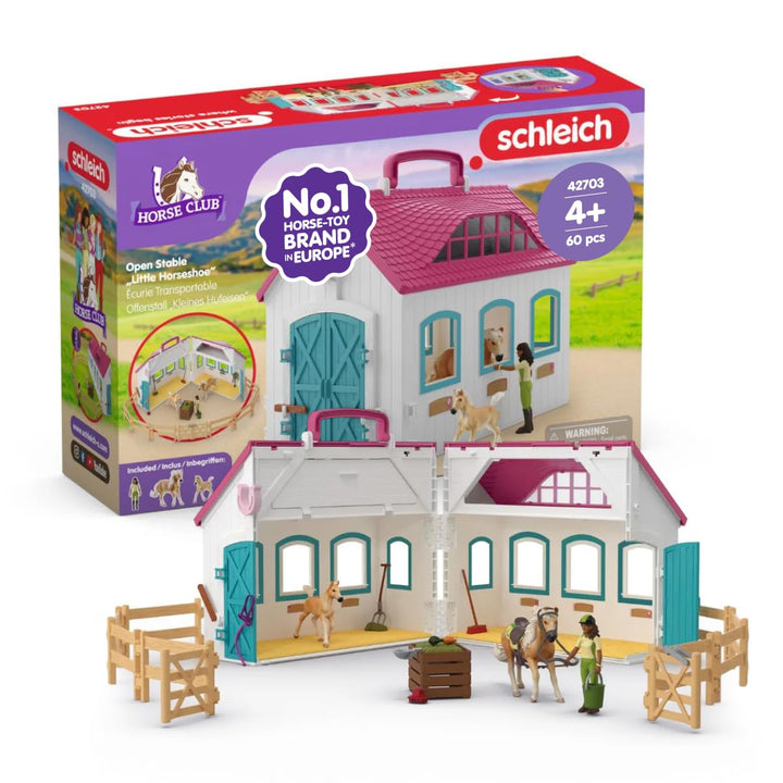 SCHLEICH Horse Club | Offenstall Kleines Hufeisen 42703 | Set inkl. Stall, 2 Pferde, bewegliche Mädc