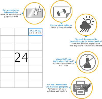 HERMA 4695 Wetterfeste Folienetiketten, 25 Blatt, 70 x 37 mm, 24 Stück pro A4 Bogen, 600 Aufkleber,