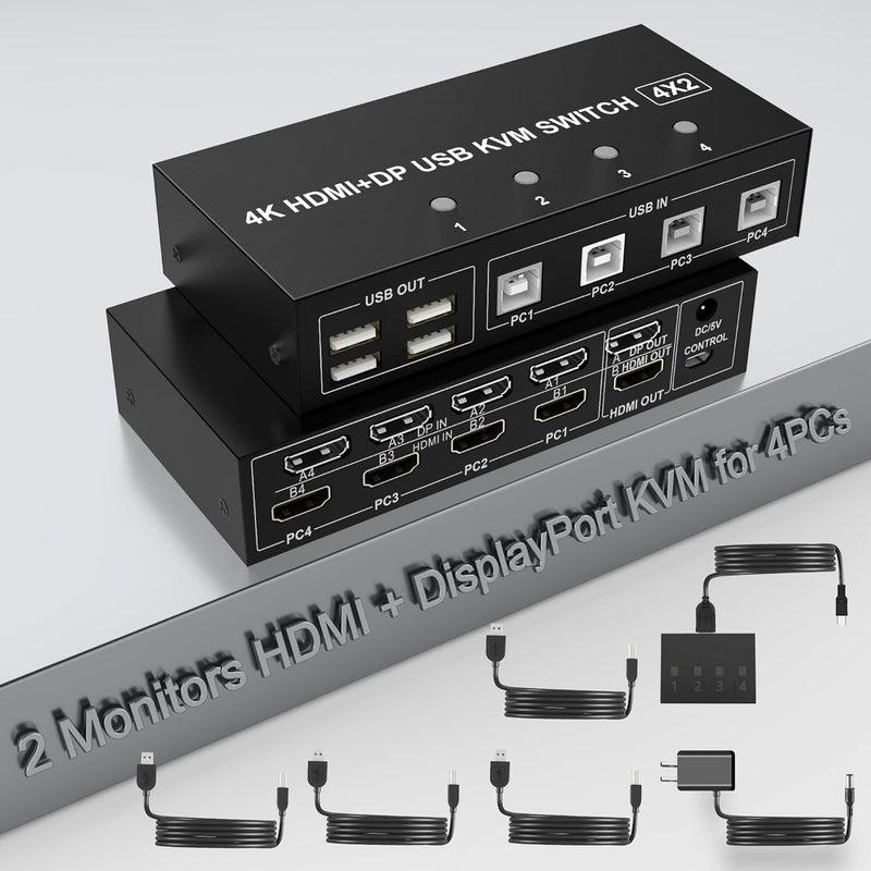 4 Port HDMI + Displayport KVM Switch Dual Monitor 4 Computer 4K@60Hz Support HDMI2.0 DP1.2 KVM Switc