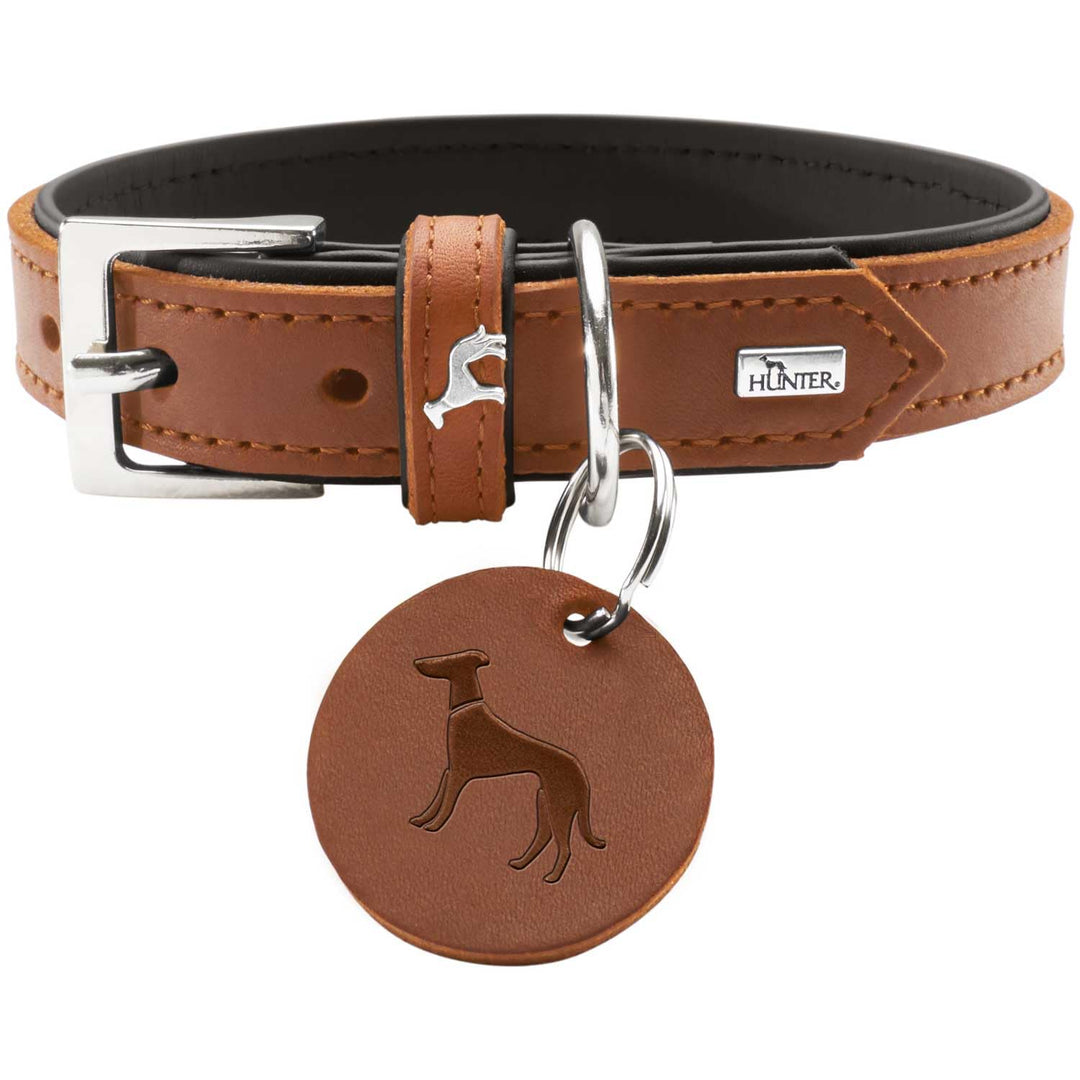 HUNTER LARVIK Hundehalsband, Leder, schlicht, elegant, komfortabel, 55 (M), cognac/schwarz cognac/sc