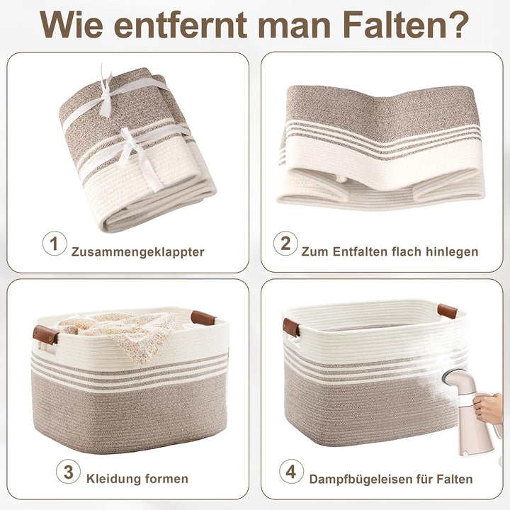 Wäschekorb Geflochten Gross aus Baumwollseil, 60L Aufbewahrungskorb mit Lederhenkeln, Korb für Decke