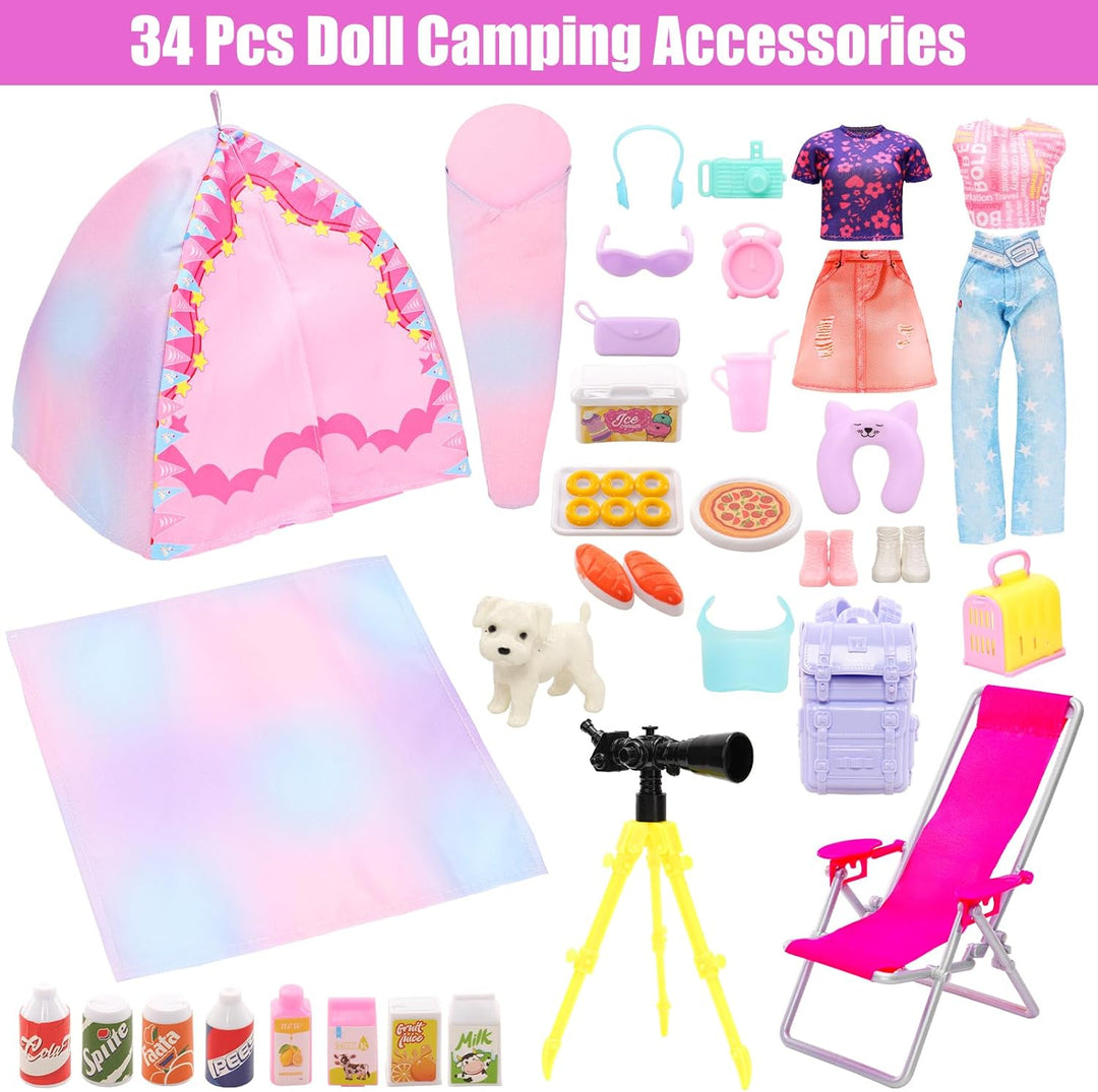 Miunana Camping Spielset mit Zelt Puppenkleidung Schlafsack Wanderrucksack Kleider Kleidung Zubehör