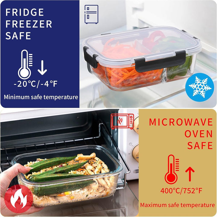 Meal Prep Boxen Glas 1&2&3 Fächer (3Stück, 1040ml) Glasbehälter mit Deckel Frischhaltedosen mit Deck