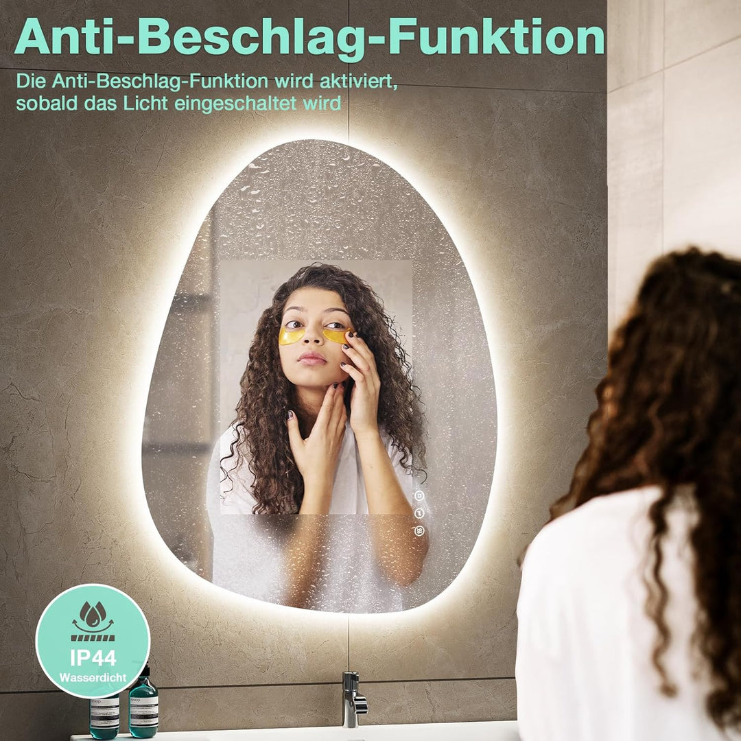 Asymmetrischer Badspiegel mit Beleuchtung 65×50 cm, Antibeschlag, 3 Lichtfarben, Dimmbar, IP44 Wasse