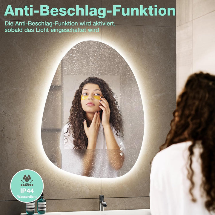 Asymmetrischer Badspiegel mit Beleuchtung 65×50 cm, Antibeschlag, 3 Lichtfarben, Dimmbar, IP44 Wasse