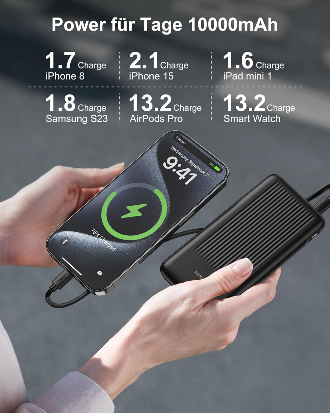 ANSODY 22.5W Powerbank 10000mAh 2 Stück, Akkupack Klein Aber Stark, LED Display kompatibel Externe h