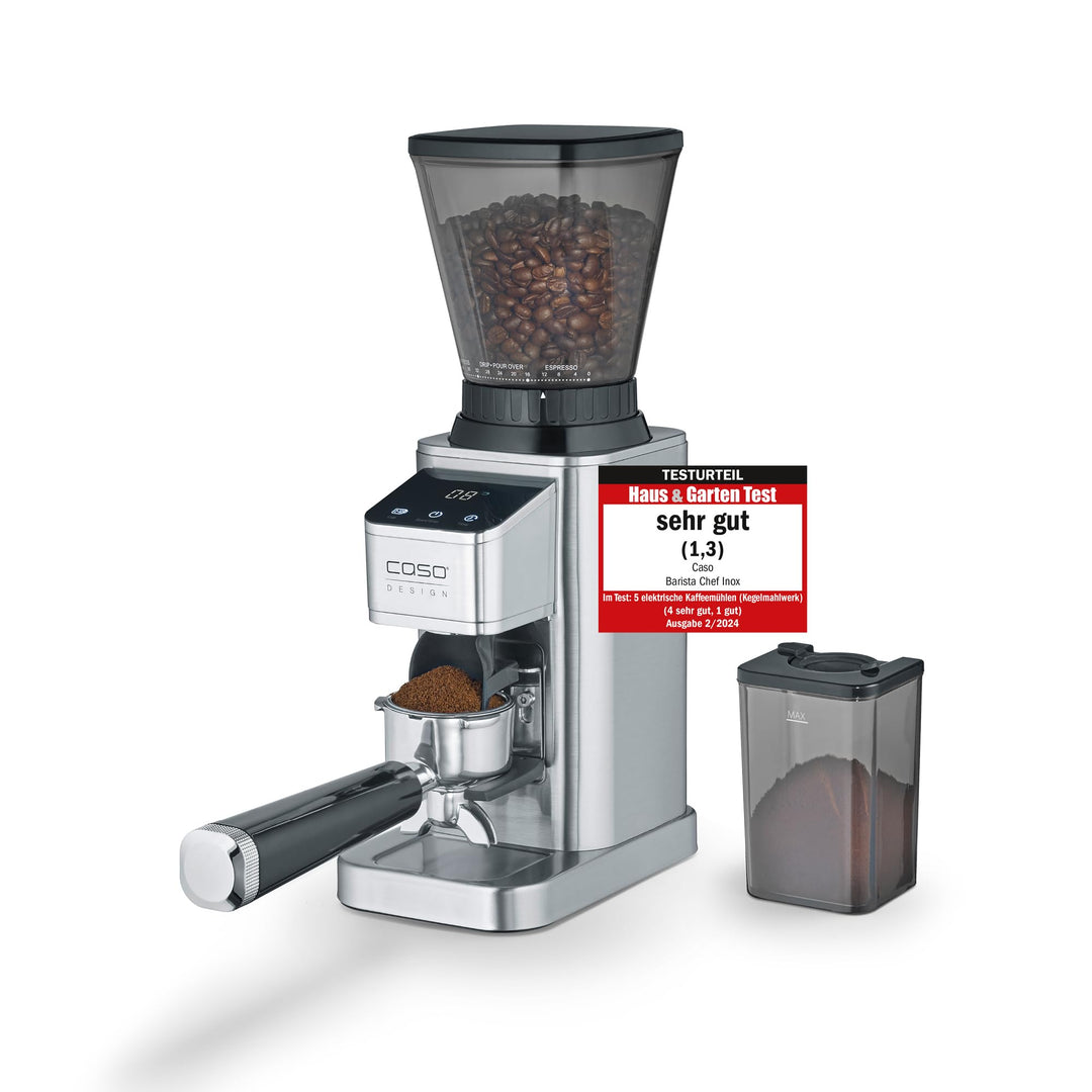 CASO BaristaChef Inox - elektrische Kaffeemühle, langlebiges Edelstahl-Kegelmahlwerk, mit Siebträger