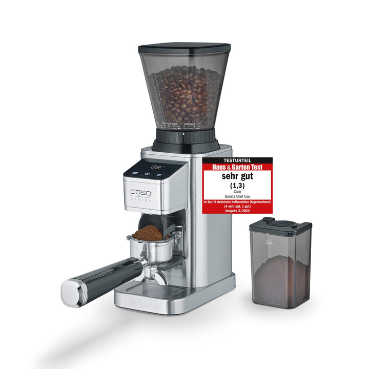 CASO BaristaChef Inox - elektrische Kaffeemühle, langlebiges Edelstahl-Kegelmahlwerk, mit Siebträger