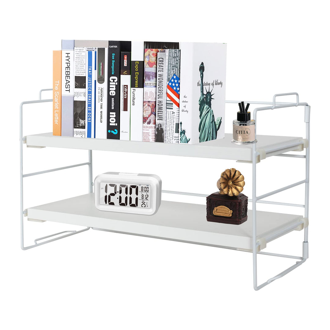 powerking Schreibtisch-Regal-Organizer, 2-stöckig, weiss lackierter Metallrahmen und Teakbrett, Schr