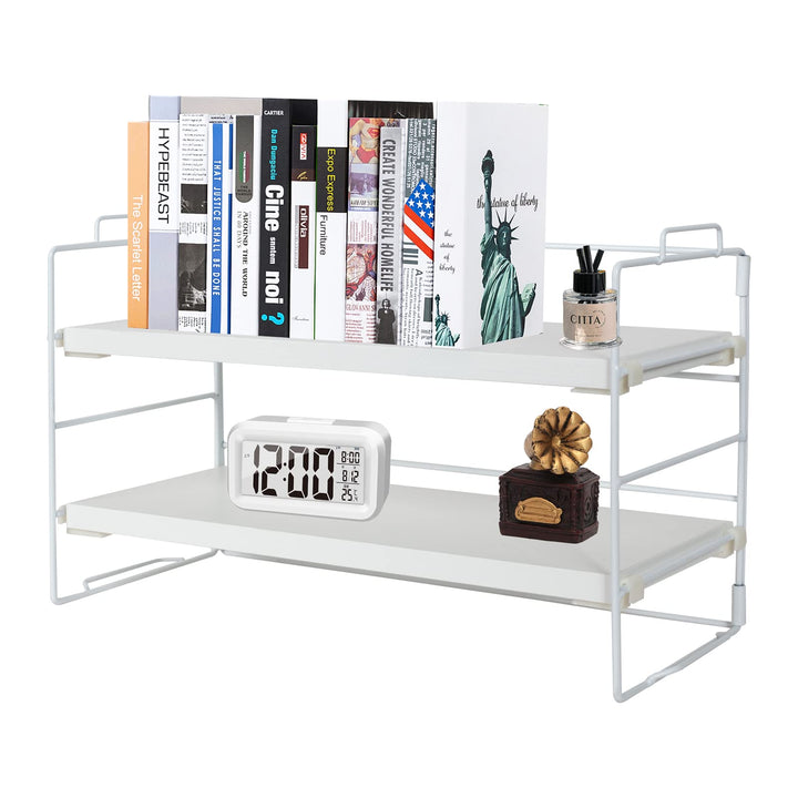 powerking Schreibtisch-Regal-Organizer, 2-stöckig, weiss lackierter Metallrahmen und Teakbrett, Schr