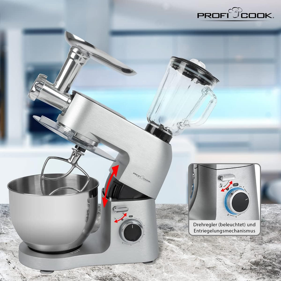 ProfiCook Knetmaschine PC-KM 1189 3in1, Mixer und Fleischwolf in Einem, massives Alu-Druckguss-Gehäu