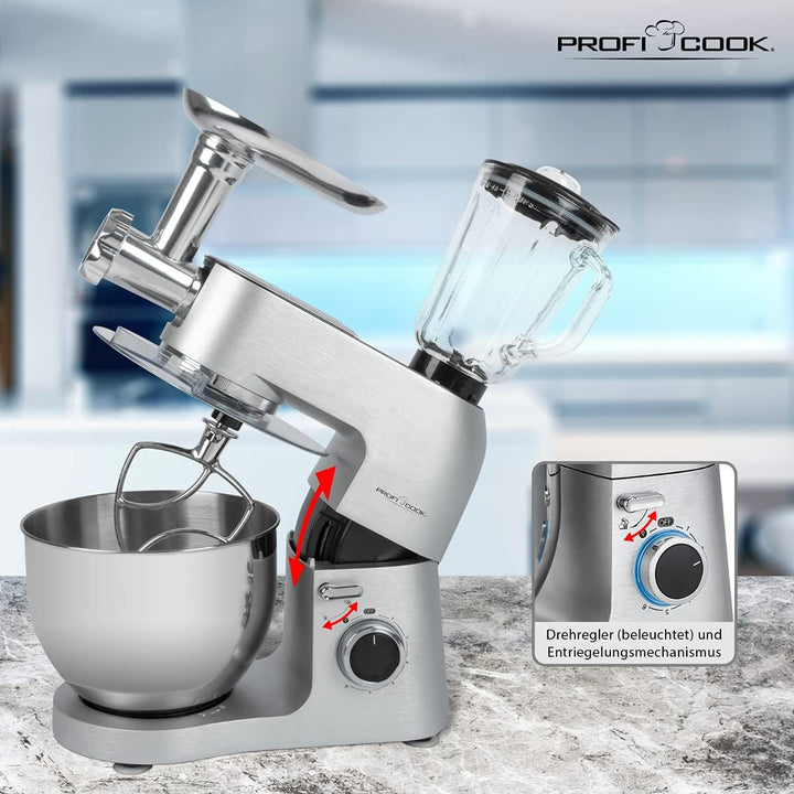 ProfiCook Knetmaschine PC-KM 1189 3in1, Mixer und Fleischwolf in Einem, massives Alu-Druckguss-Gehäu