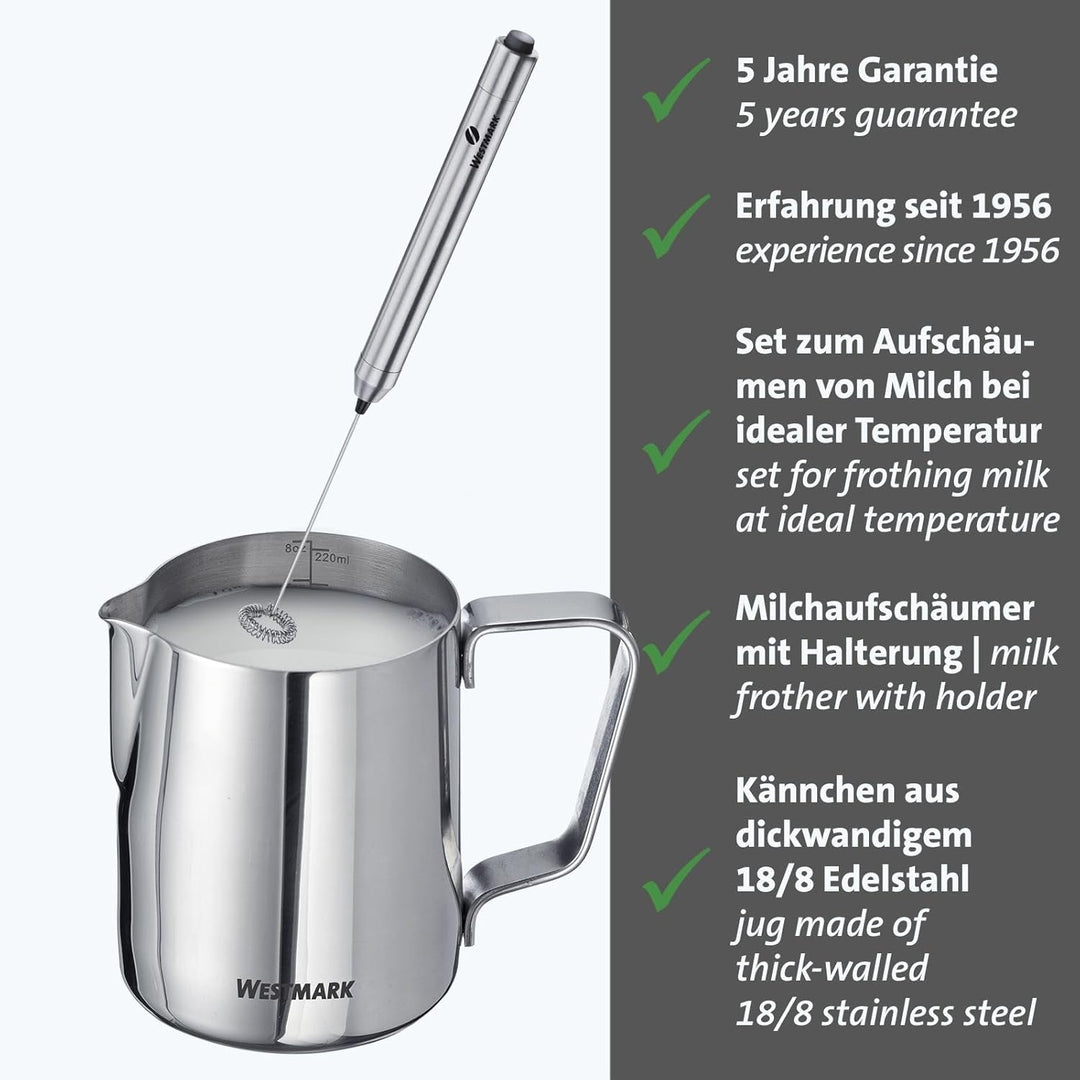 Westmark 2 tlg. Set Milchkännchen + Milchaufschäumer– Ideal zum Aufschäumen von Milch und veganen Al