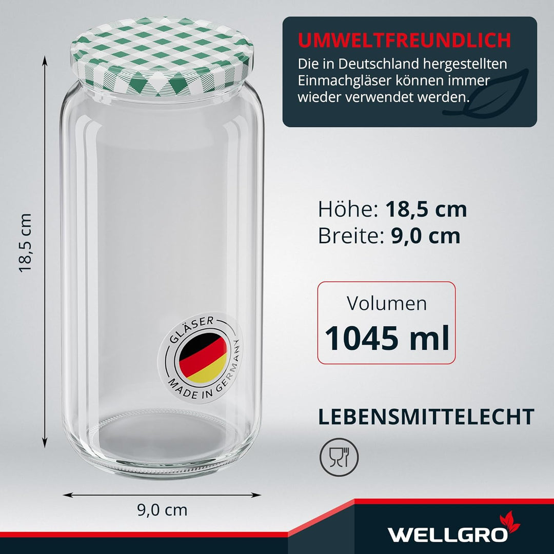 WELLGRO 6x Einmachgläser mit Schraubdeckel - 1045ml - Deckel grün kariert To 82 - Made in Germany -