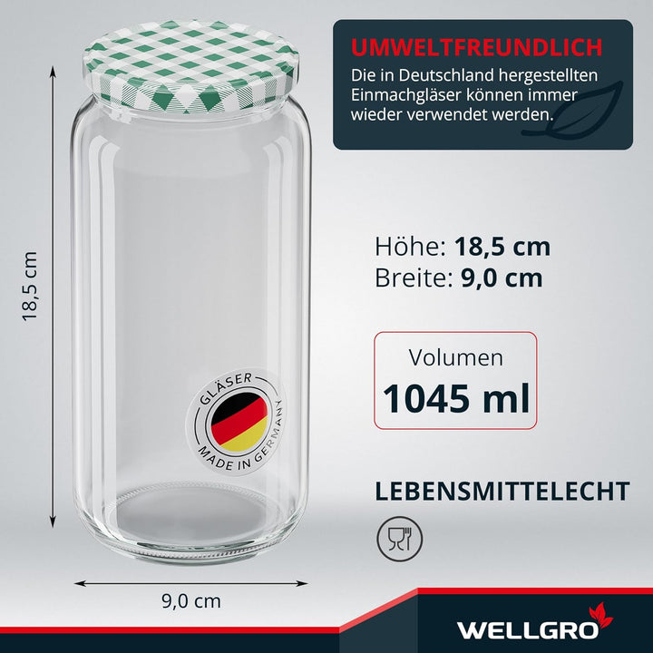 WELLGRO 6x Einmachgläser mit Schraubdeckel - 1045ml - Deckel grün kariert To 82 - Made in Germany -