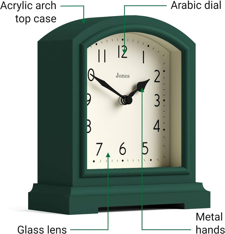 JONES CLOCKS® Tavern Kaminuhr | Modernes Bogenoberdesign | Dunkelgrün | Zeitgenössischer klassischer