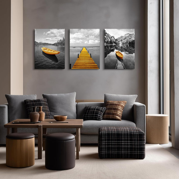 hyidecorart Bilder Landschaft Natur, Wandbild Grau Gelb Nordischer Boot, Modern Berge und See Panora