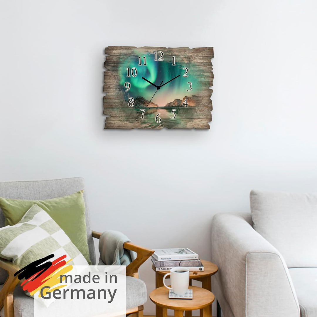 ARTLAND Wanduhr ohne Tickgeräusche aus Holz Quarzuhr 40x30 cm Rechteckig Lautlos Nordlicht Polarlich
