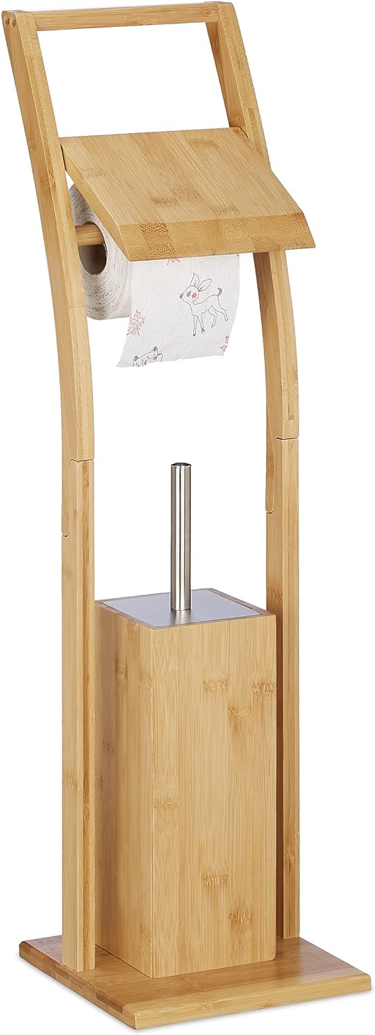 Relaxdays WC Garnitur, Bambus, Edelstahl, Klopapierständer mit Toilettenbürste, freistehend, HBT: 74