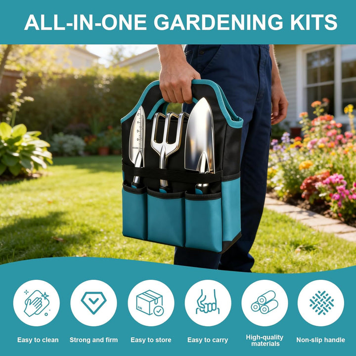 Gartenwerkzeug-Set 7 Stück, Ergonomische Gartenwerkzeuge mit Anti-Rutsch-Griff, Rostfrei, aus Alumin