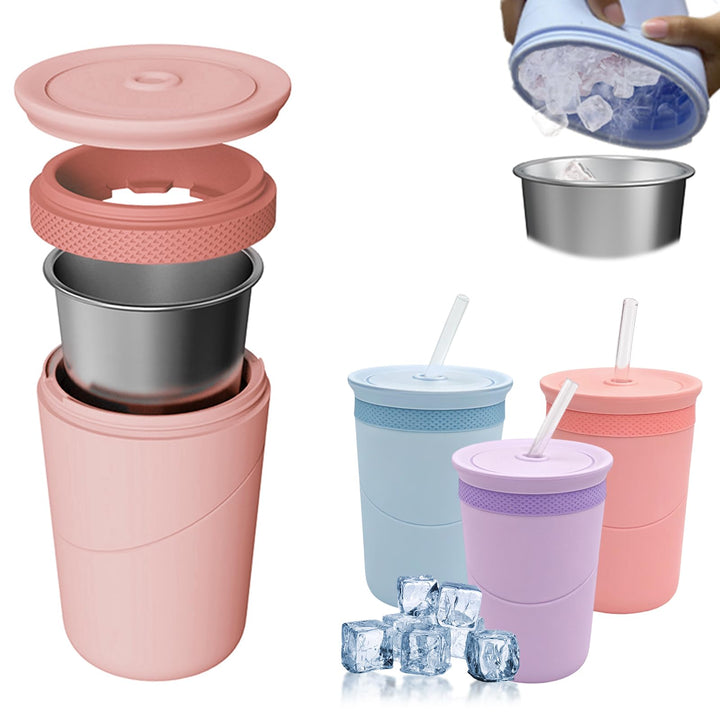 Eiswürfelflasche mit Edelstahlbecher & Deckel – Doppelwandiger Isolierbecher, 2-in-1 Trinkhalm, BPA-