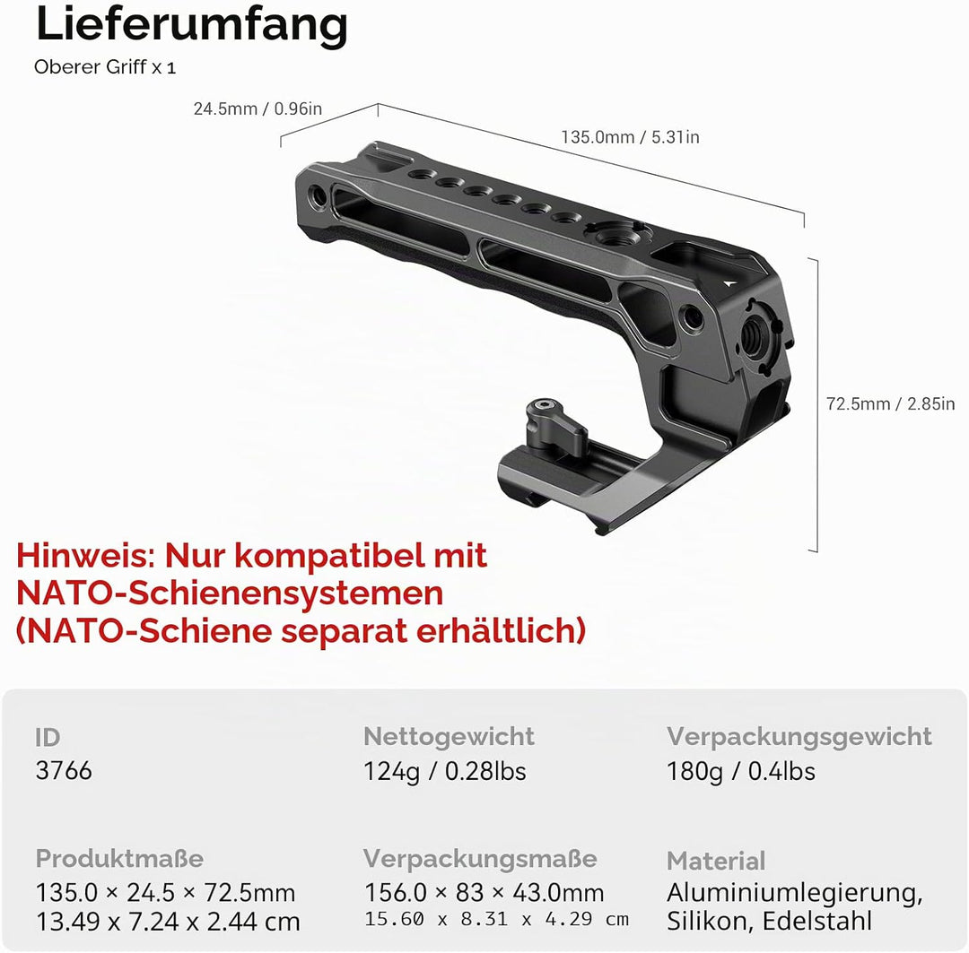 SMALLRIG NATO Top Handle, Griff mit NATO Schnellspanner für Kamerakäfig, universelles Video Rig mit