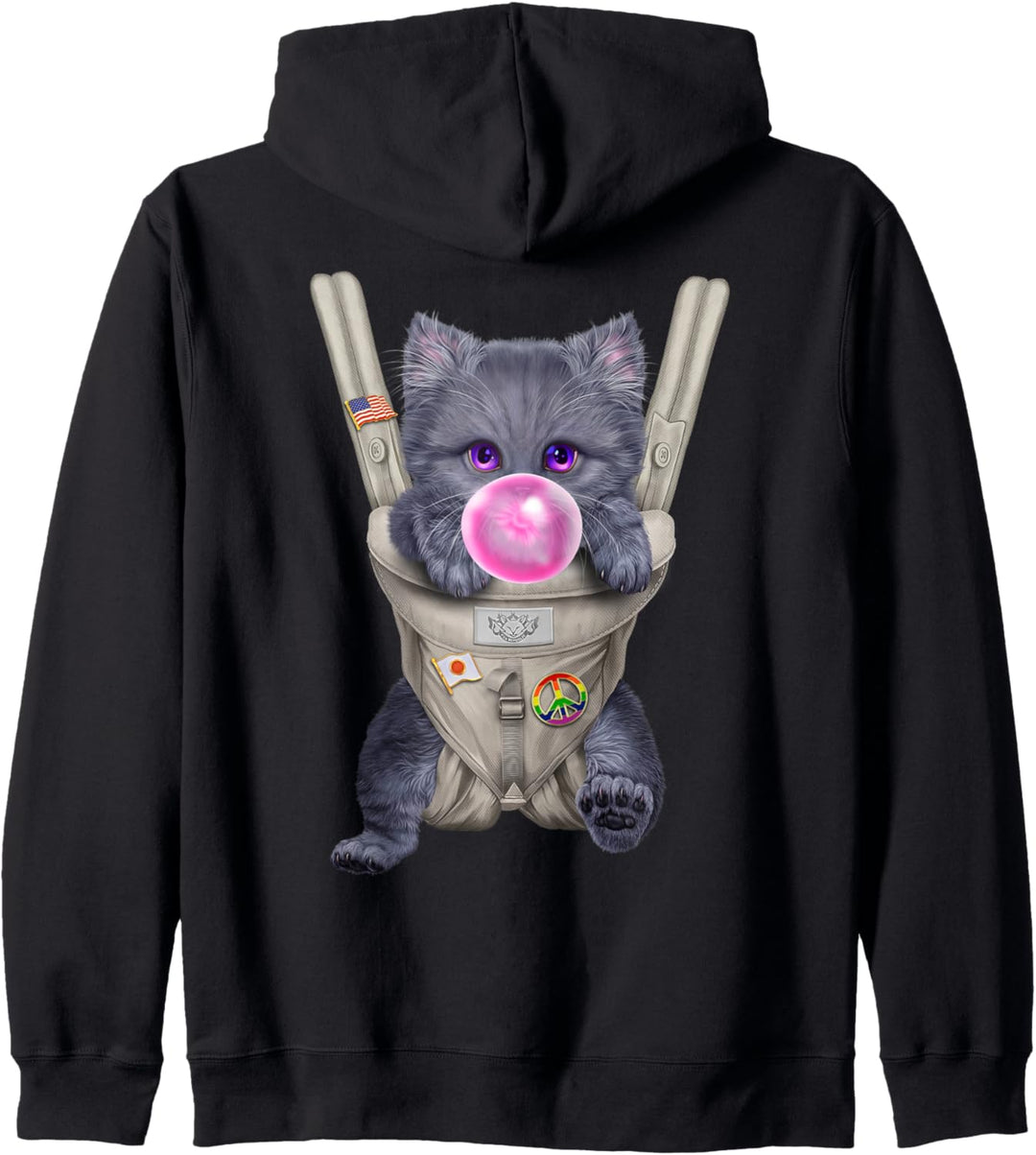Russische blaue Katze mit Kaugummi in der Babytrage Kapuzenjacke