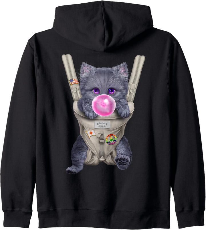 Russische blaue Katze mit Kaugummi in der Babytrage Kapuzenjacke