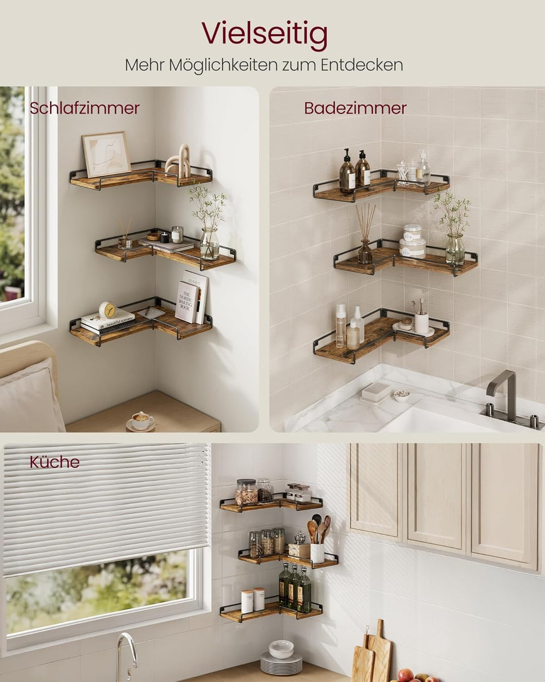 VASAGLE L-förmiges Eckregal, 3er Set, Wandregal, Industrie-Design, für Wohnzimmer, Schlafzimmer, Küc