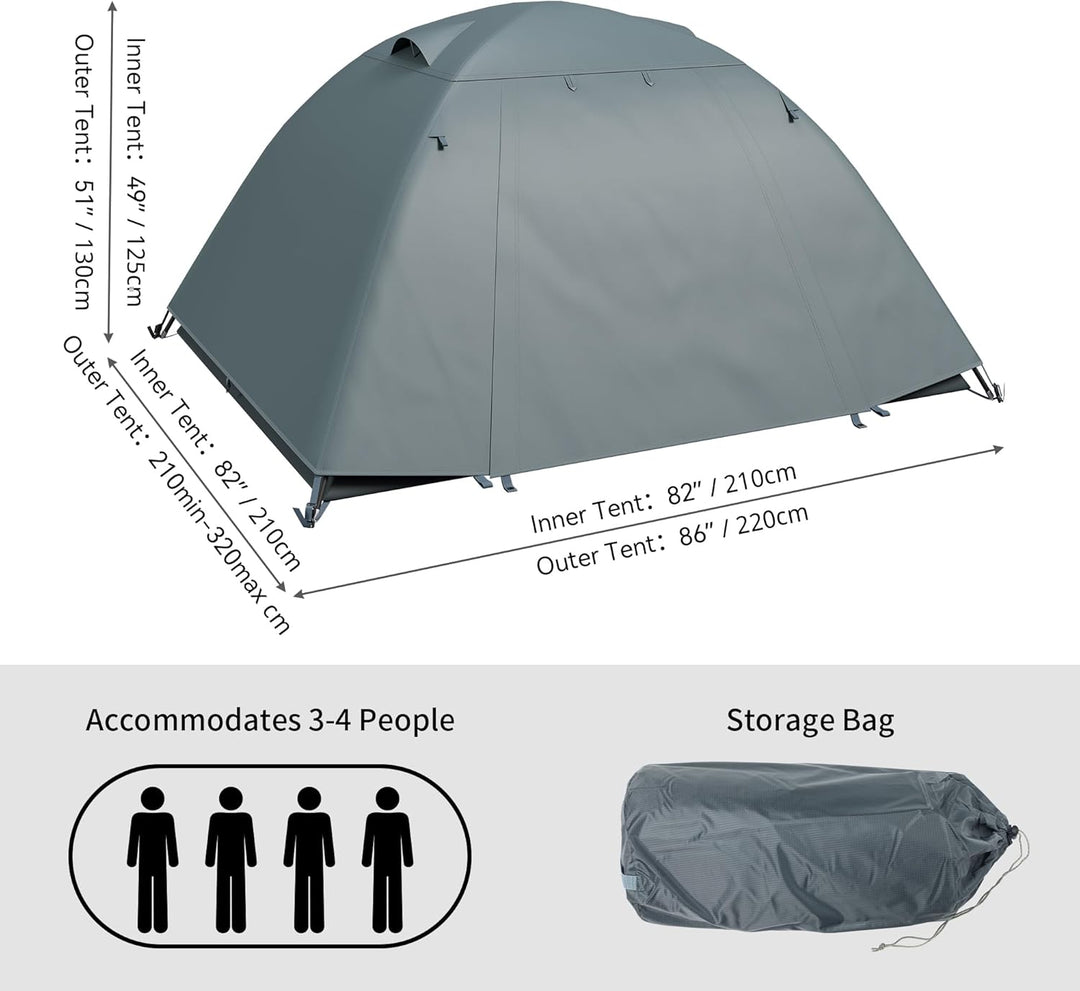 YITAHOME Campingzelt für 3-4 Personen, Wasserdichtes Leichtes Aluminium Stangen Rucksack Zelt Doppel