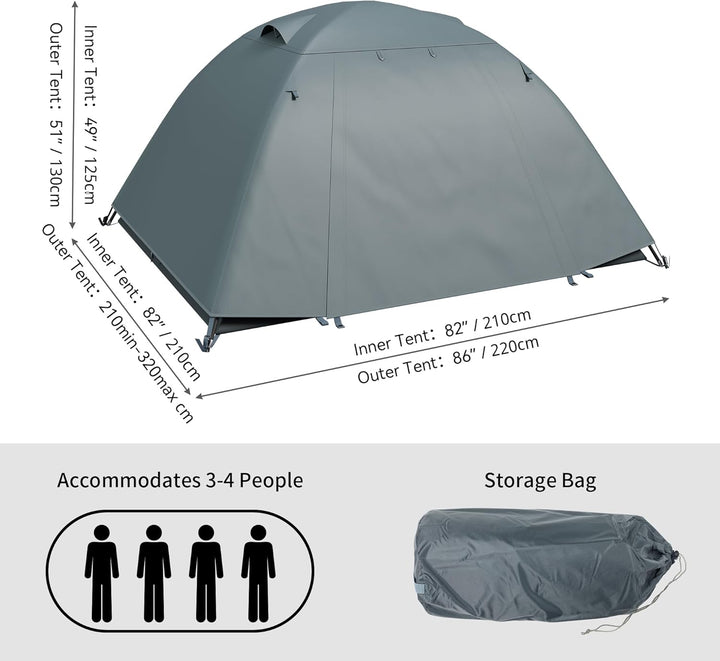 YITAHOME Campingzelt für 3-4 Personen, Wasserdichtes Leichtes Aluminium Stangen Rucksack Zelt Doppel